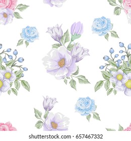 Floral seamless pattern with soft pink  bouquets of flowers.  Vector hand drawn background.