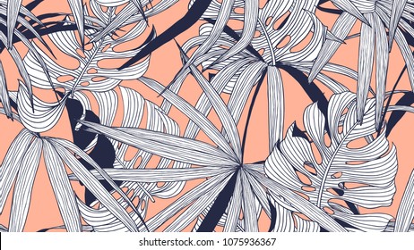 Floral seamless pattern, split-leaf Philodendron and palm leaves on orange background, line art ink drawing