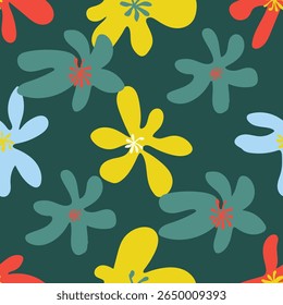 Floral seamless pattern spreading red, yellow, blue blossoms over dark green backdrop, complementing textile design, wallpaper, digital art creation with vivid botanical vector illustration
