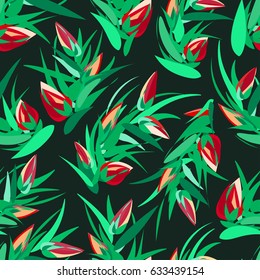 Floral seamless pattern with sprigs, green leaves and red buds placed on dark background. Juicy green, red colors.
