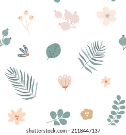 Floral seamless pattern with sprigs of leaves, flowers and berries ​on white background for fabric textile, print, wallpaper, apparel, wrapping