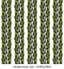 Floral seamless pattern with sprigs and  leaves on background with Green stripes. Vector illustration for fabrics, greeting cards, wallpapers, gift wrapping paper, web page etc.