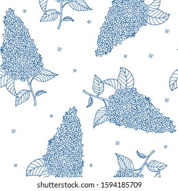 Floral seamless pattern with sprigs of lilac on white background. Vector illustration for fabric, textile, wallpaper, posters, paper. Branch with flowers and leaves. Doodle style. 