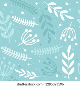 Floral seamless pattern. Sprigs of plants. Bright on a blue background. Spray, dots of different sizes. Winter colors