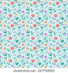 Floral seamless pattern. Spring background with blowing flowers and leaves. Vector illustration