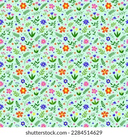 Floral seamless pattern. Spring background with colourful hand drawn flowers and leaves. Vector illustration