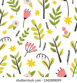 Floral seamless pattern with spring blooming perennial flowers on white background. Decorative backdrop with springtime flowering plants. Flat vector illustration for wrapping paper, textile print.