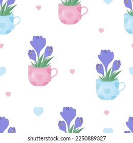 Floral seamless pattern. Spring bouquet of flowers saffron in cups on white background. Vector illustration. Delicate botanical endless background for decor, design, packaging, wallpaper, textile