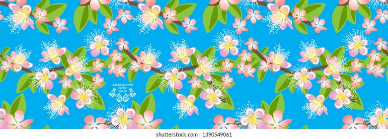 Floral seamless pattern Spring branch with white pink  blossom flowers, blooming tree and sun flare ,  isolated on blue sky  background vector  illustration