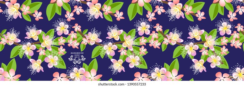 Floral seamless pattern Spring branch with white pink  blossom flowers, blooming tree and sun flare ,  isolated on blue sky  background vector  illustration