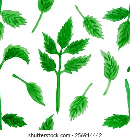 Floral seamless pattern. Spring branches and leaves. Vector watercolor illustration