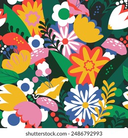 Floral seamless pattern. Spring colors, various vegetation, hidden mushrooms, leaves, and many flowers. The design is great for stationery, wallpaper, apparel, wraps, and more.