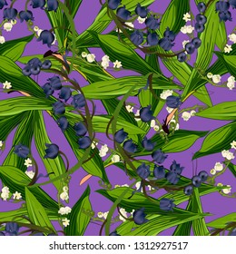 Floral seamless pattern with spring flower vector. Spring bouquet of  lilly of the valley and green leaves.