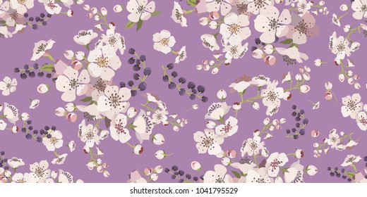 Floral seamless pattern with spring flowers. Background for textile, manufacturing, book covers, wallpapers, print or gift wrap. Flowering branches on a lilac background. Vector illustration.