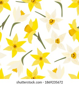 Floral seamless pattern with spring flowers. White and yellow narcissus. Isolated vector illustration. Background for wrapping paper, textile, wallpaper, scrapbooking. Flat cartoon design. svg