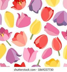 Floral seamless pattern with spring flowers buds. Red, yellow, pink, lilac tulips. Isolated vector illustration. Background for wrapping paper, textile, wallpaper, scrapbooking. Flat cartoon design.