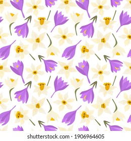 Blumen nahtloses Muster mit Frühlingsblumen. Weiße Narzissen, Krokus, Narodil. Einzige Vektorgrafik. Hintergrund für Packpapier, Textilien, Stoff, Tapete, Scrapie. Flaches Cartoon-Design.