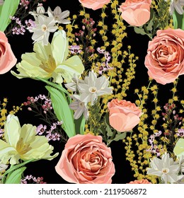 Floral Seamless Pattern with spring flowers, roses and tulip, mmosa, daffodil flowers and leaves. Blooming Flowers on black Background.	