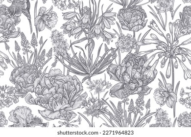 Floral seamless pattern. Spring flowers tulips, daffodils, primroses, irises, hyacinths. Black and white background. Template for textile, wallpaper, paper. Vintage. Vector illustration.