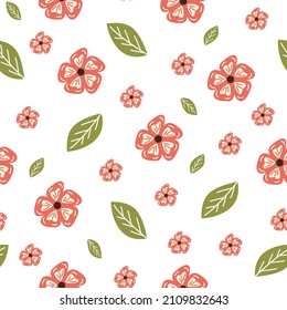 Floral seamless pattern. Spring pattern with pink flowers and green leaves