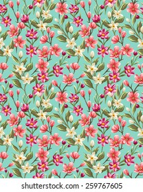 Floral seamless pattern with spring pink, beige and blue flowers