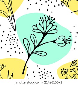 Floral seamless pattern with spring plants. Hand drawn sketch style. Black and white vector illustration on colorful abstract background.