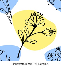 Patrón floral sin costuras con plantas primaverales. Estilo de esbozo dibujado a mano. Ilustración vectorial amarilla y azul en el fondo de los blobs abstractos.
