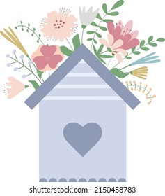 Floral sin fisuras con flores primavera de verano ramo y casa con corazón para las tarjetas de vacaciones de primavera. Diseño vectorial de ramos románticos botánicos para papel e invitación