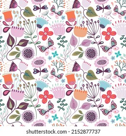 Floral seamless pattern spring and summer background, wallpaper, ornamental decor with  flowers, butterflies, different plants