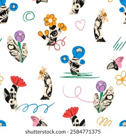 Floral seamless pattern with spring summer flowers halftone collage cut outs. Torn paper shapes, butterflies, doodles, scribbles. Modern retro mixed media vector illustration on transparent background