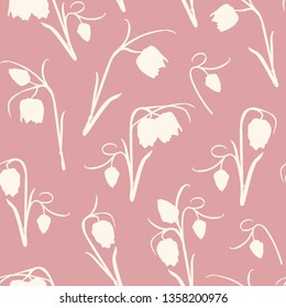 Floral seamless pattern. Spring tulip flowers stem, leaves, blossom, buds. Vector design illustration for fabric, textile, fashion, decoration. Beige on white background