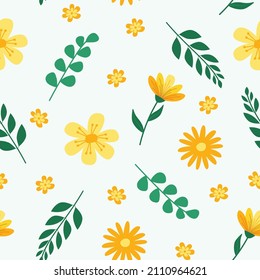 Nahtloses Muster ohne Blumen. Frühlingsmuster mit gelben Blumen und grünen Blättern