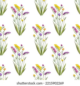 Floral seamless pattern with statica flowers and leaves. Limonium blossom on the white background.