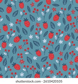 Floral seamless pattern with strawberries, berries, flowers and leaves on turquoise background. Perfect for wallpaper, gift paper, spring and summer greeting cards. Vector hand drawn illustration