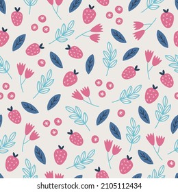 Floral seamless pattern with strawberry, flowers, berries, leaves on white background. Perfect for seasonal greetings, wallpaper, wrapping paper, fabric. Vector illustration