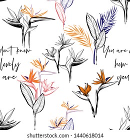 Floral seamless pattern with strelitzia flowers and palm leaves bouquet. Tropical wallpaper collection. Sketch in watercolor style. Hand drawn line on white background.