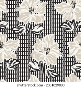 Floral seamless pattern with striped textures for fashion textiles and graphics