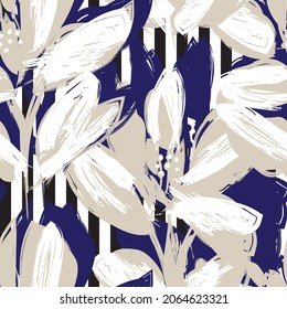 Floral seamless pattern with striped textures for fashion textiles and graphics
