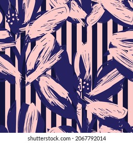 Floral seamless pattern with striped textures for fashion textiles and graphics