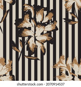 Floral seamless pattern with striped textures for fashion textiles and graphics