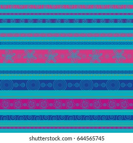 Floral seamless pattern with stripes.  Abstract blue geometric background. 