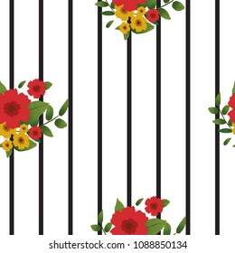 Floral seamless pattern with stripes, vector
