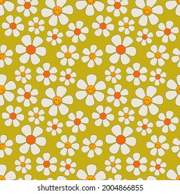 Floral seamless pattern in the style of the 70s. Digital paper with cartoon flowers. Vector illustration