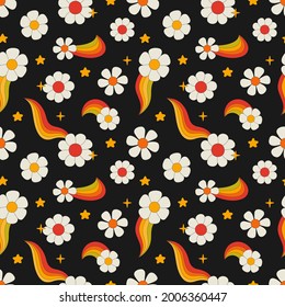 Floral seamless pattern in the style of the 70s. Digital paper with cartoon flowers. Vector illustration-Hippie style