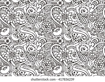 Floral seamless pattern in style zentangle. Adult coloring page