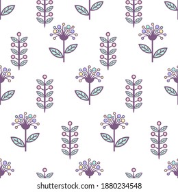 Floral seamless pattern, stylish colorful blooming background. Cute multicolor buds on stems with green leaves on white speckled backdrop. For fabric design, wallpaper, print. Vector illustration