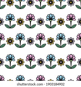 Patrón floral sin fisuras, elegante fondo colorido floreciente. Cables multicolor sobre tallos con hojas verdes sobre fondo blanco. Para el diseño de tela, papel pintado, impresión. Ilustración del vector