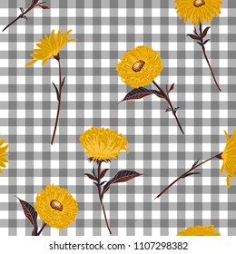 Floral seamless pattern. Stylish yellow blooming on light grey and white gingham, checked background. Vector illustration.