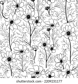 Patrón floral sin fisuras estilizado dibujo de kosmeya floreciente sobre un fondo blanco.  Ilustración de diseño vectorial para decoración, tela, textil, moda.
