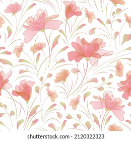 Floral sin costura con flores estilizadas en tonos suaves. Ilustración perfecta para el diseño de habitación infantil, bodas, tela y textil, papel envolvente y paquete, decoración de floristería, tarjeta.